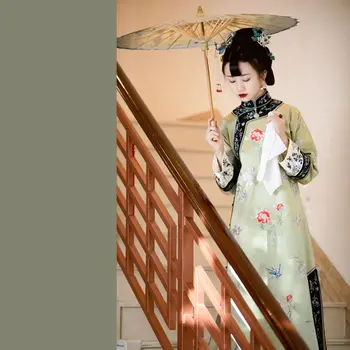 2022 Весенняя китайская традиционная одежда для женщин эпохи поздней Цин, Зеленое платье Чонсам с принтом, Элегантный народный костюм Ципао в стиле ретро