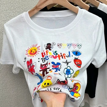 Y2K, Забавные футболки с рисунком Граффити из мультфильма, Топы из чистого хлопка, базовые Летние, Большие, 2XL, Обтягивающие, Сексуальные, женские, Корейская Уличная Одежда