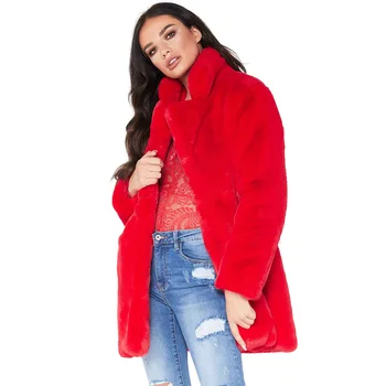 Женское свободное пушистое красное пальто из искусственного меха для девочек, толстая теплая меховая куртка с длинным рукавом, модная ветровка, зимнее пальто, уличная одежда